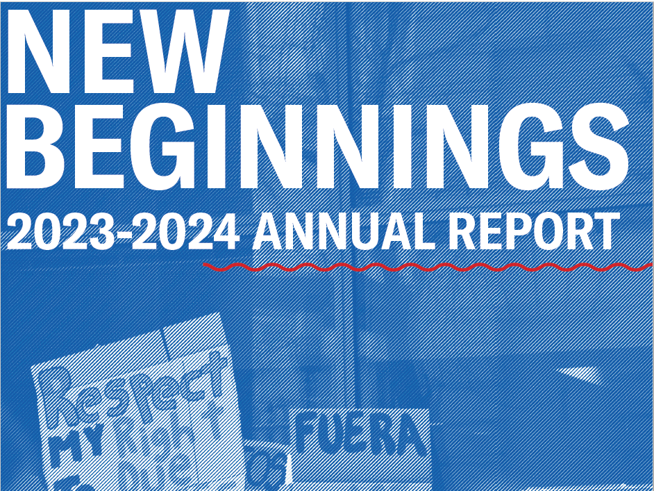 A picture of an ICE protest with a blue filter with text that says, "New Beginnings - 2023-2024"